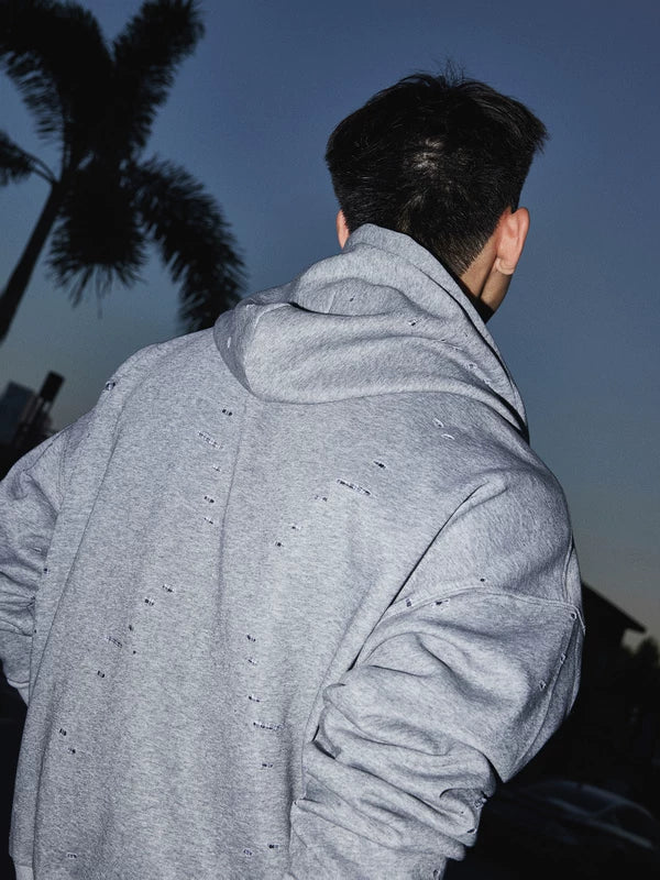 Faux Ripped Casual Zip-Up Hoodie
