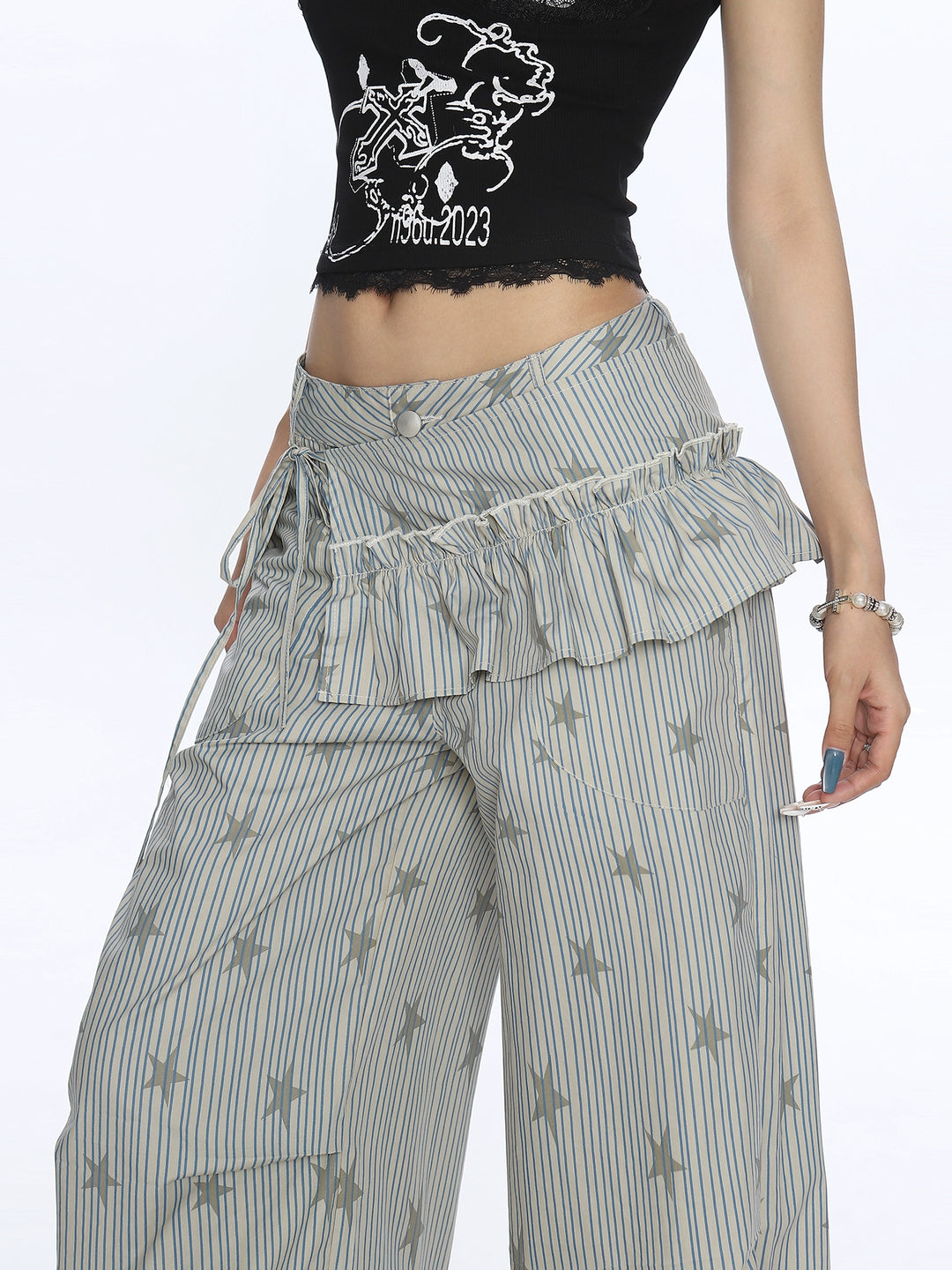 Striped Star Print Wide Leg Pants