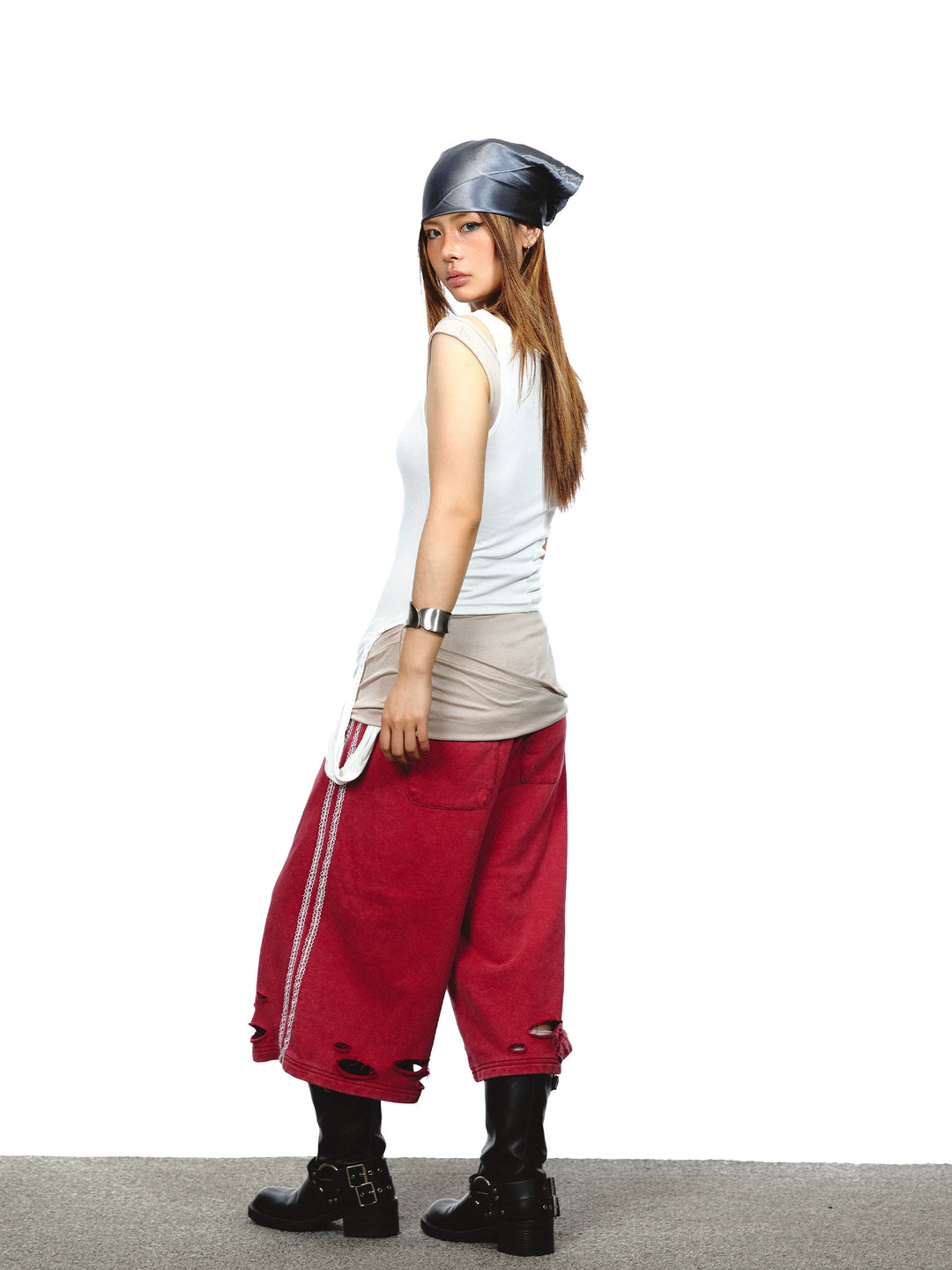 Washed Drawstring Ripped Seven-Point Pants