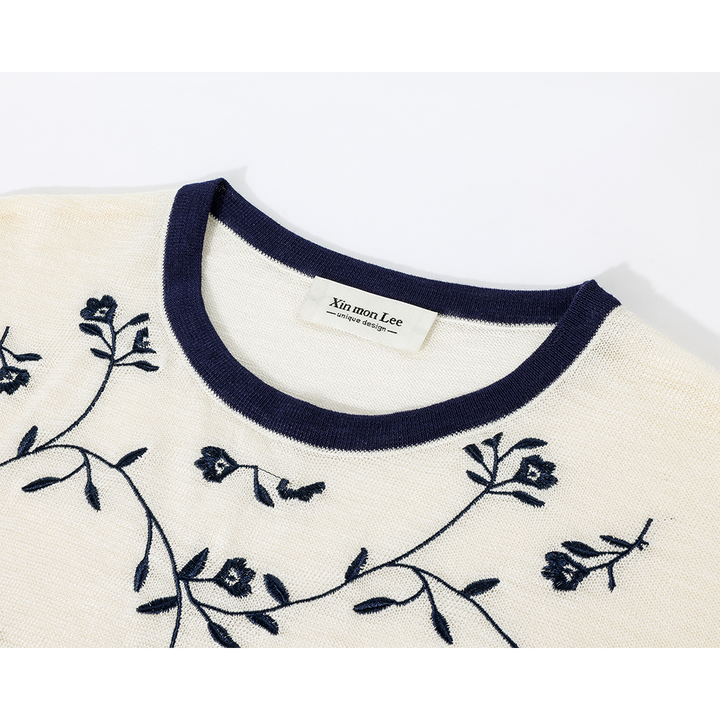 Embroidered Sleeveless Knit Round Neck Top