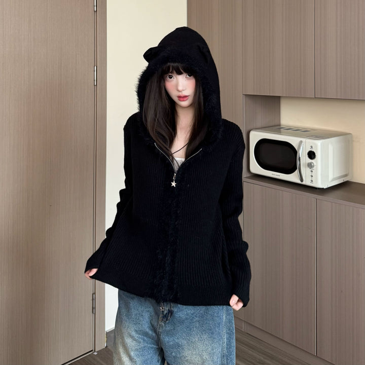 Bear Ear Hooded Knitted Cardigan