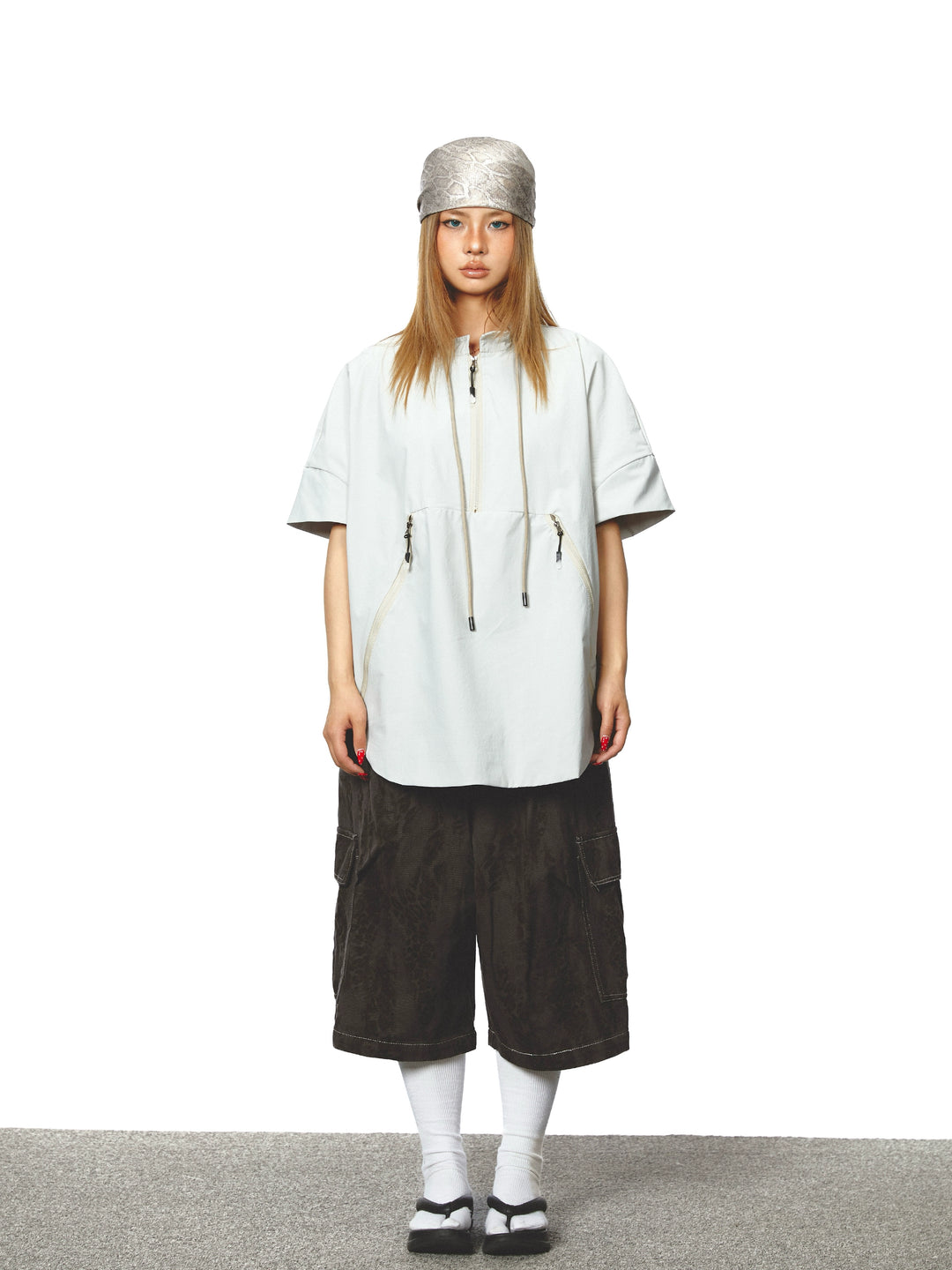 Half Zip Stand Collar Short Sleeve Top