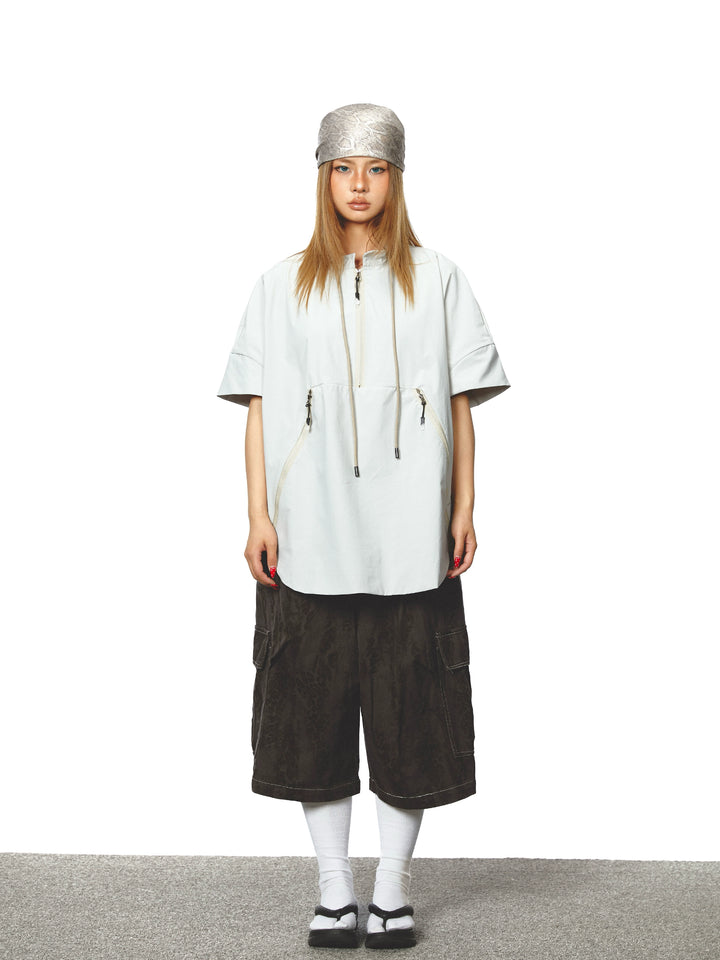 Half Zip Stand Collar Short Sleeve Top