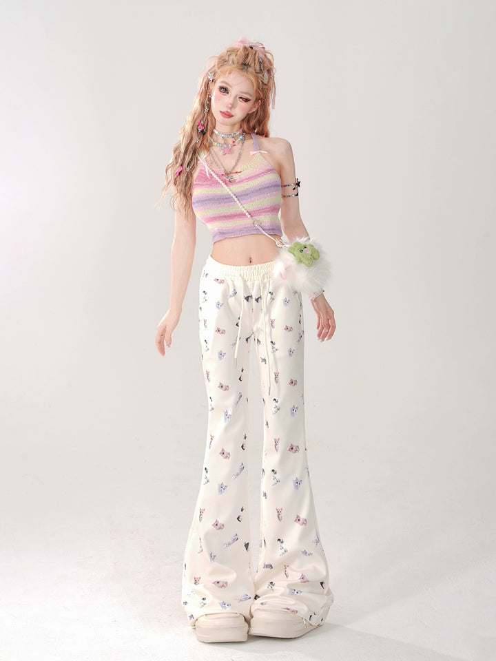 Cat Print Elastic Waist Flared Pants