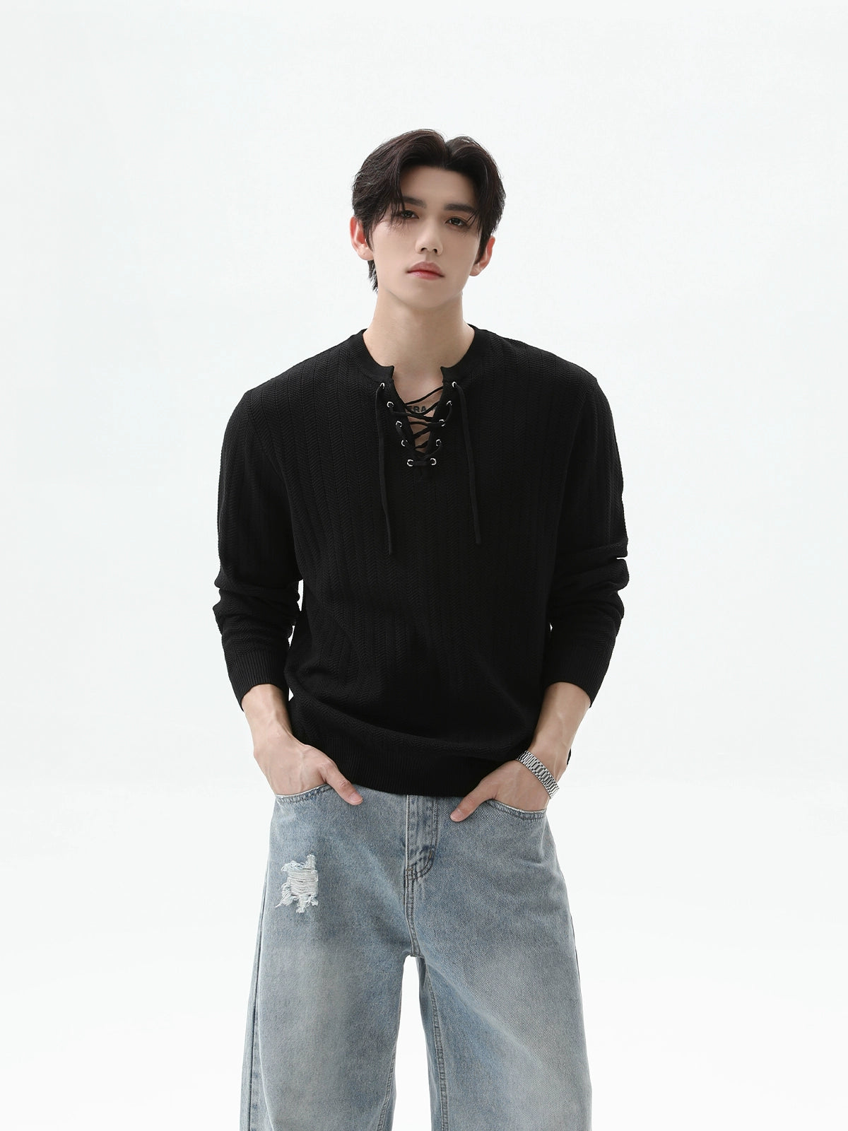 Drawstring Textured Knit Long Sleeve Pullover