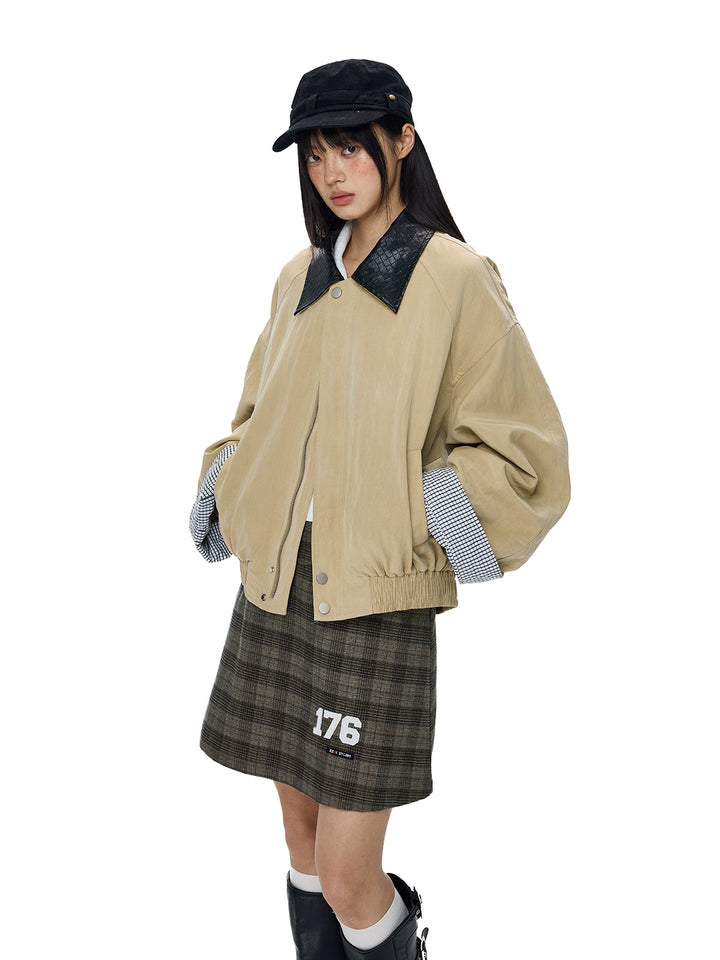 Leather Lapel Plaid Stitching Jacket