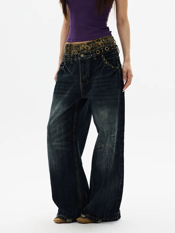 레오파드 패치 더블 웨이스트 와이드 레그 진 