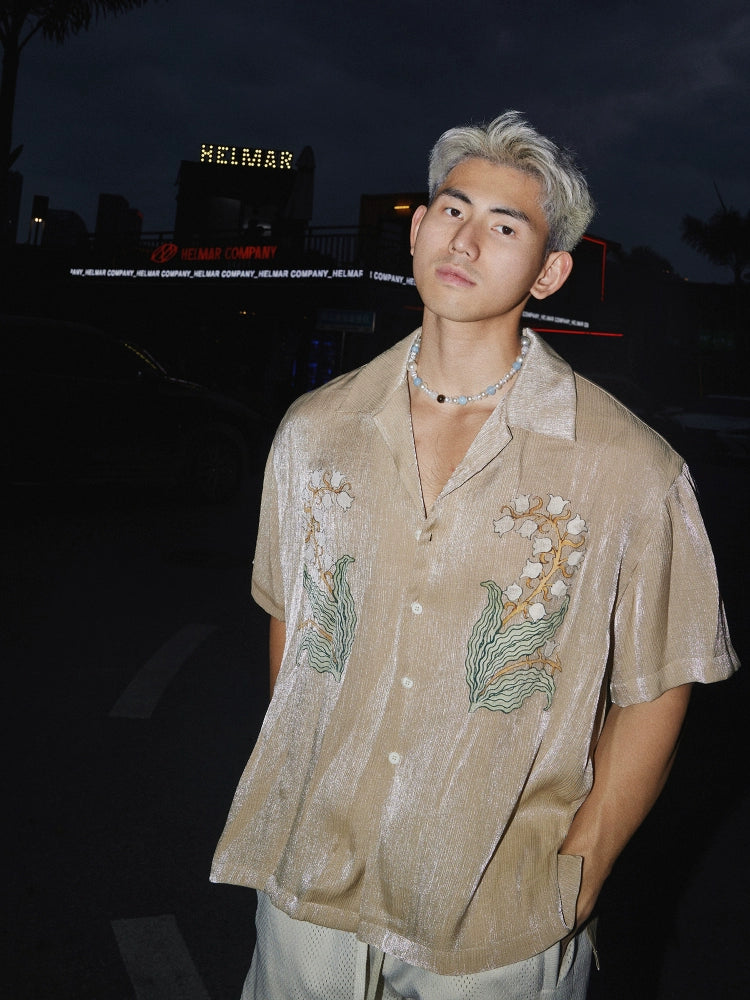 Camisa Casual de Manga Curta Retro Bordada com Floral 