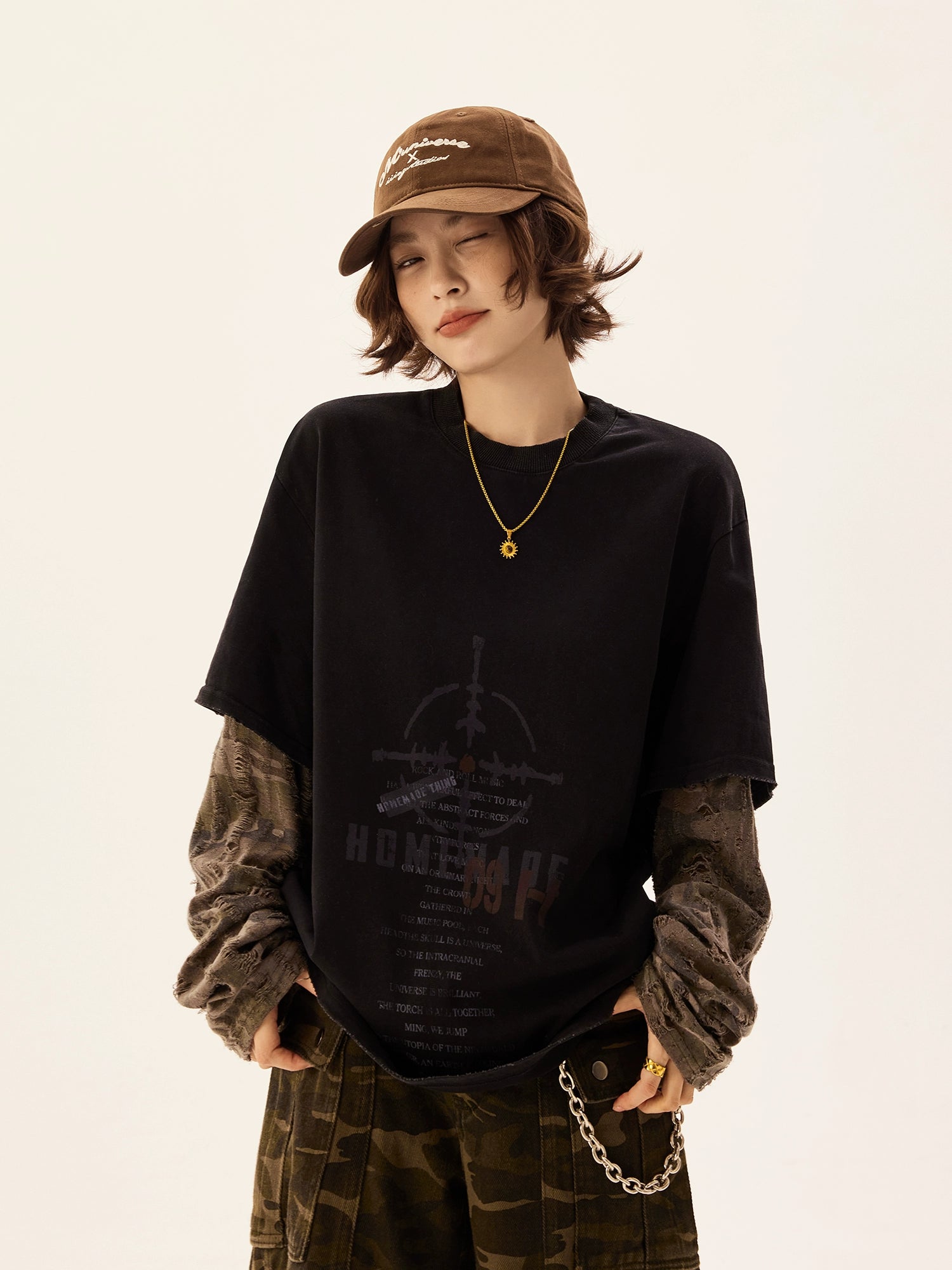 ダメージ加工カモフラージュパッチワーク長袖トップ 