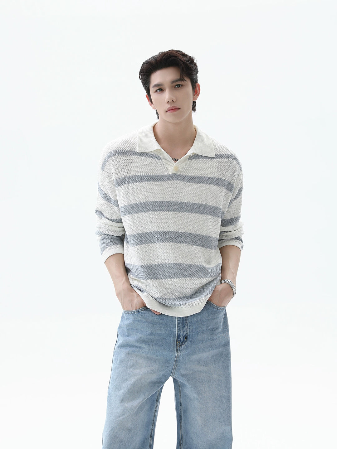Lapel Striped Knit Polo Shirt