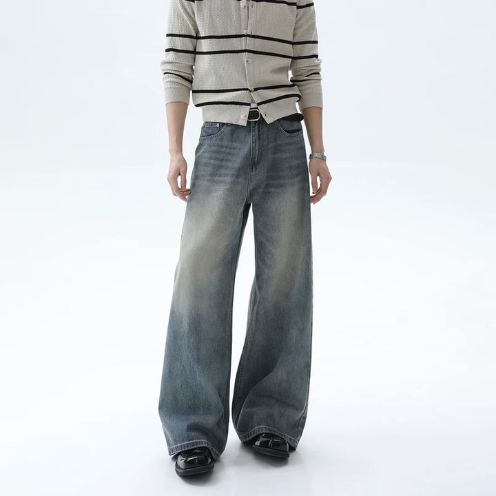 Distressed Washed Wide-Leg Straight Jeans