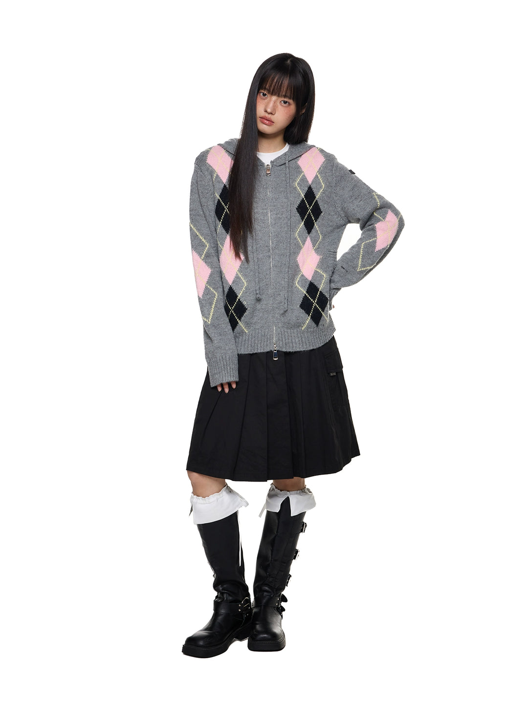 Gilet à capuche en tricot à motif losange 