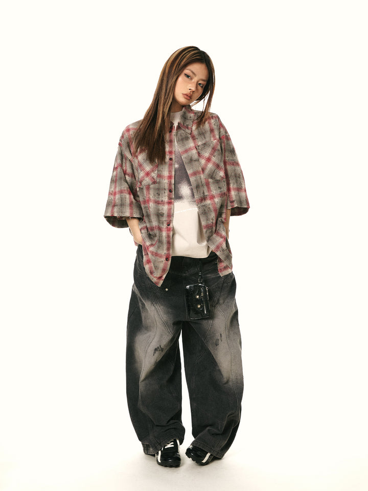 Retro Plaid Embroidered Short-Sleeve Shirt