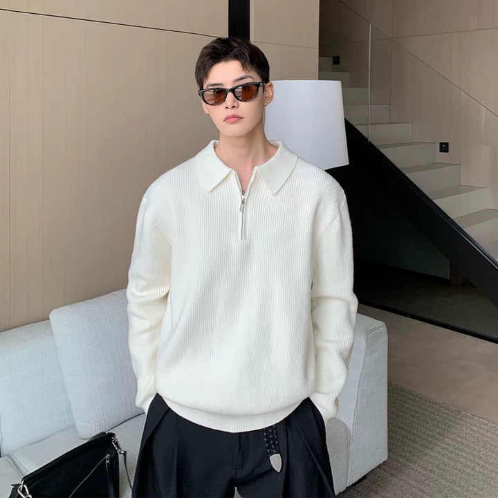 Sweter z dzianiny z kołnierzykiem polo na pół zamek 