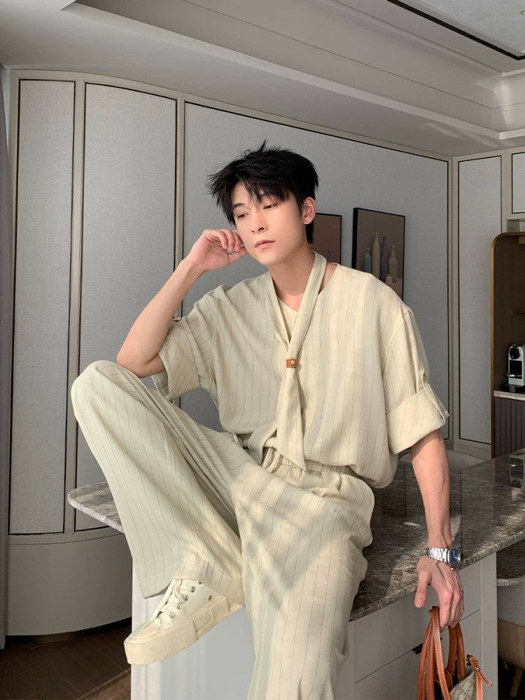 リネンピンストライプカジュアルシャツとパンツセット 