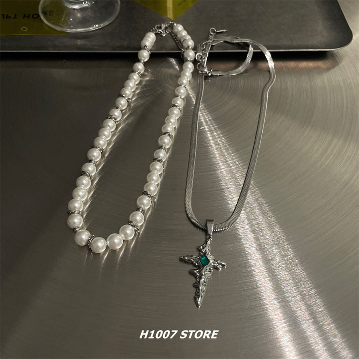 Pearl and Cross Layered Necklace