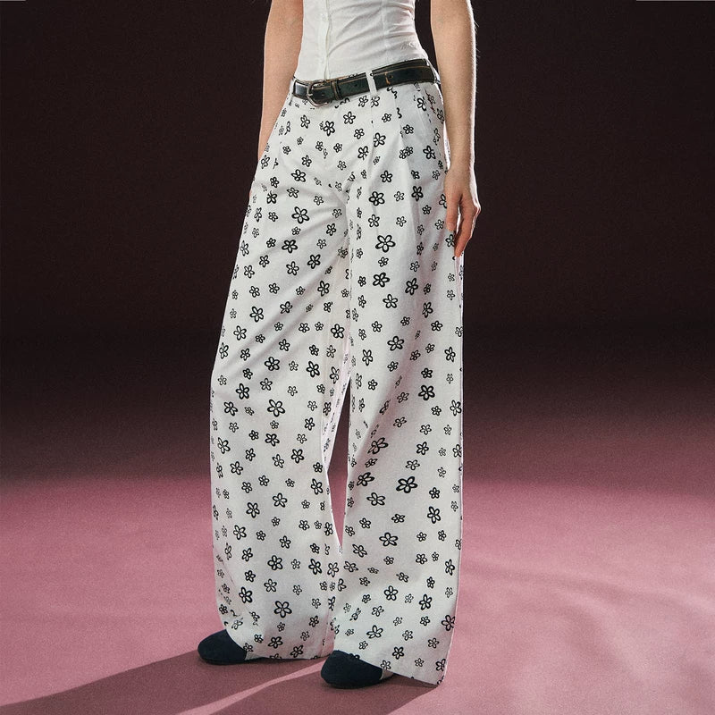 Floral Print Wide Leg Casual Pants (No Belt Included）