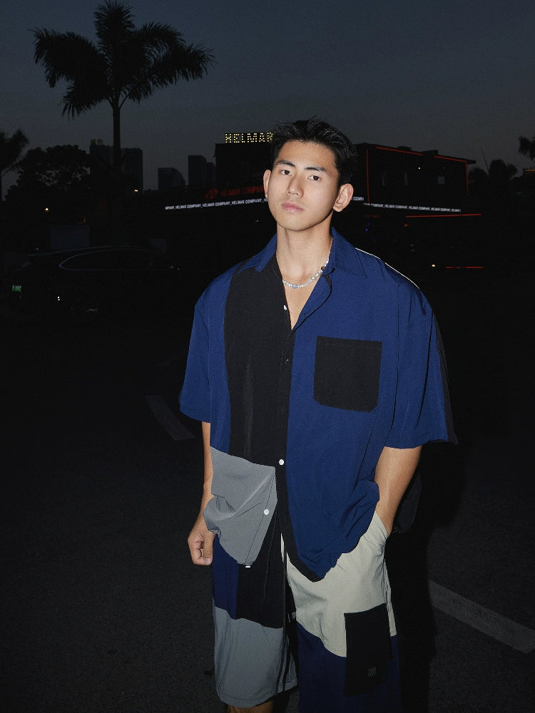 Dekonstruiertes Patchwork Kurzarmhemd Hosen Set 