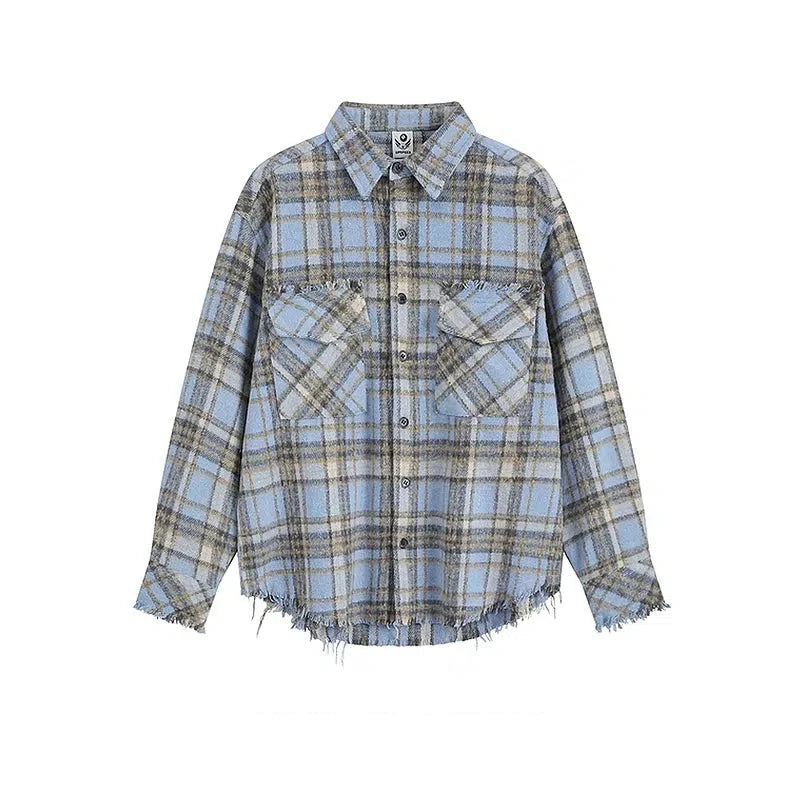 Raw Edge Long-Sleeve Plaid Shirt