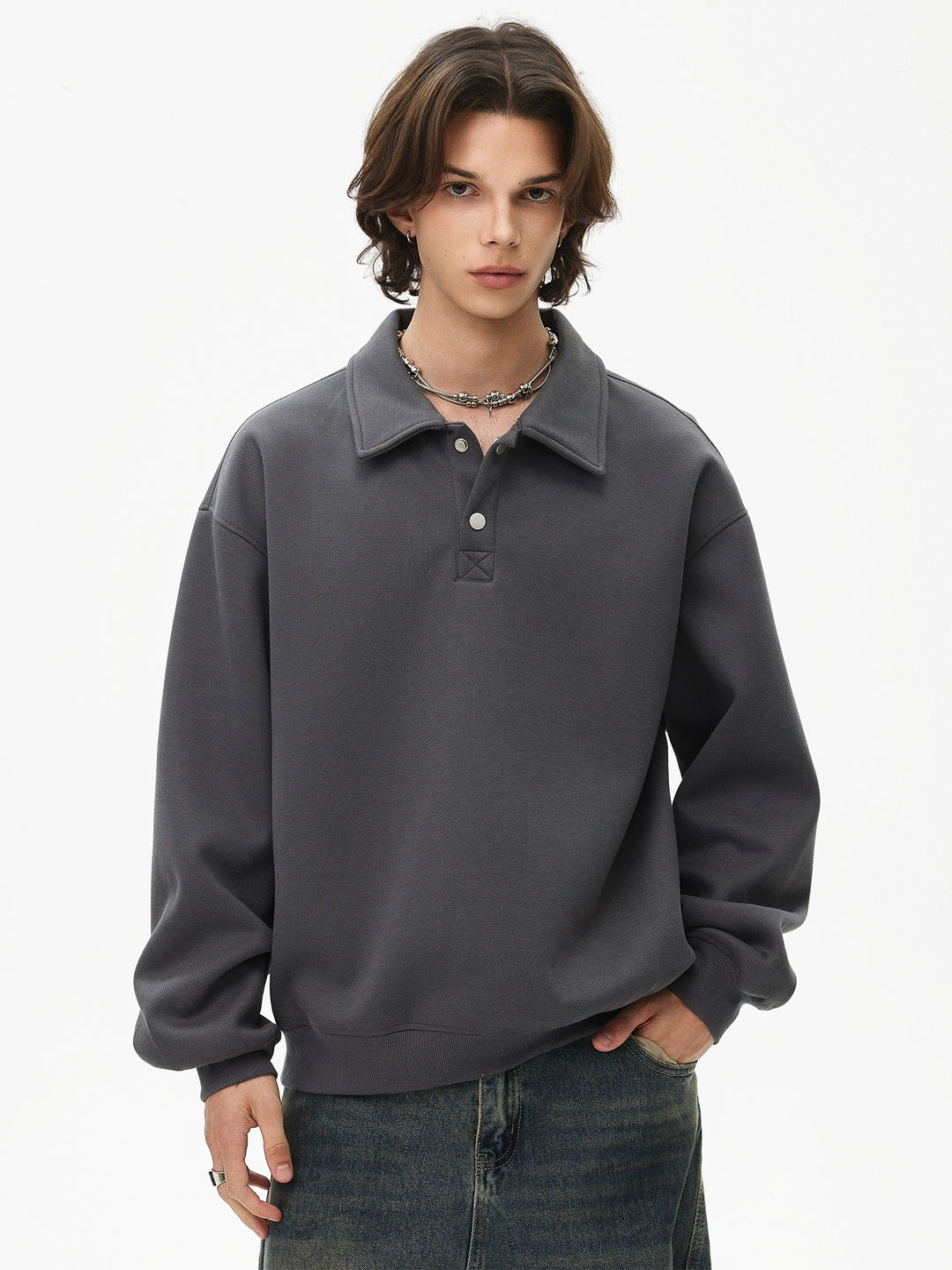Polo Lapel Boxy Sweatshirt Pullover