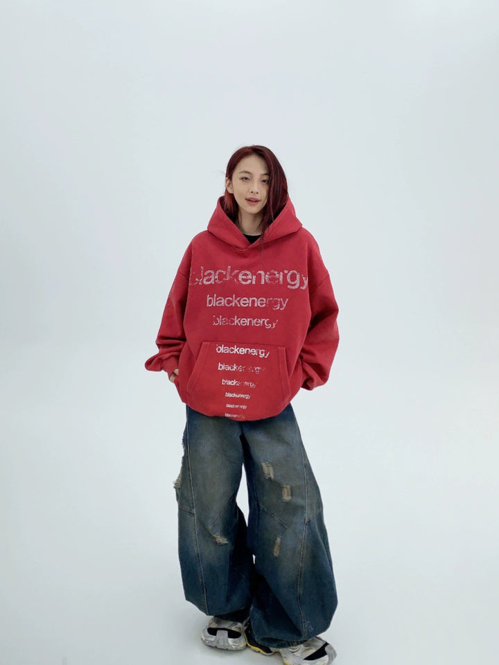 Retro tryckt lös passform huva sweatshirt 