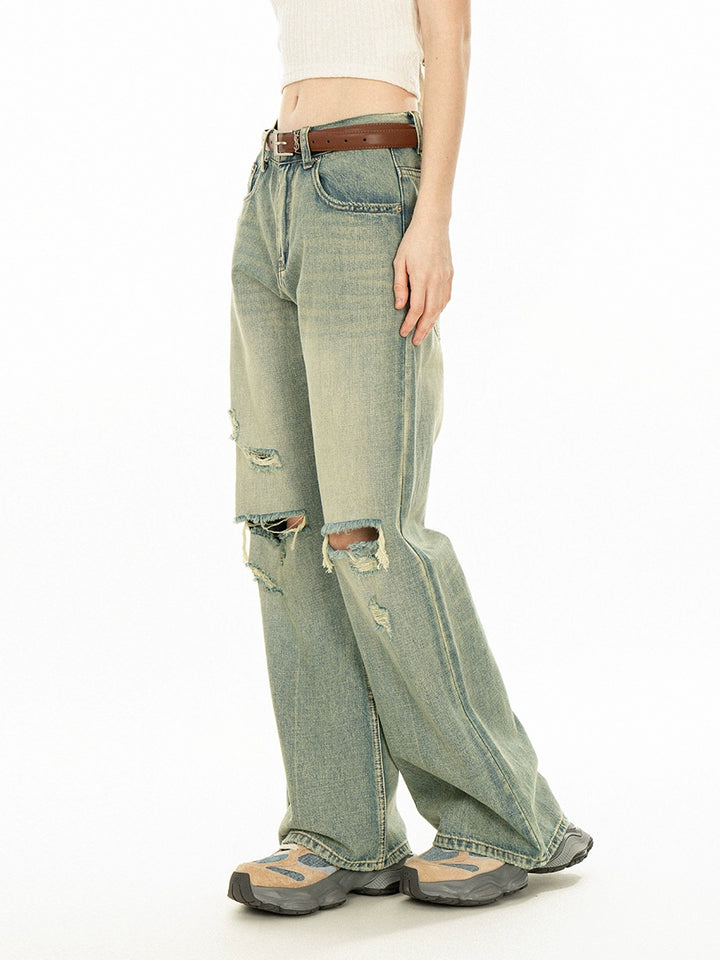 Low Waist Distressed Flared Ripped Pants