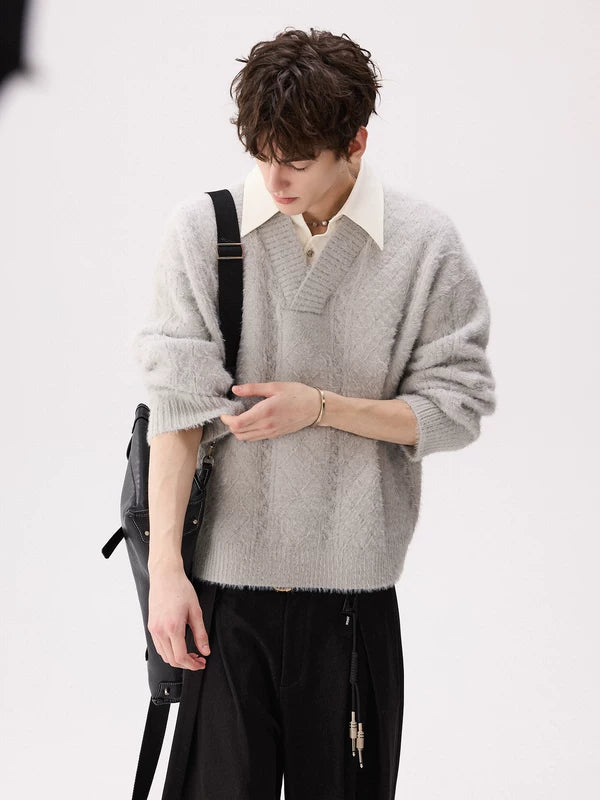 Cable Knit Fuzzy V-Neck Sweater