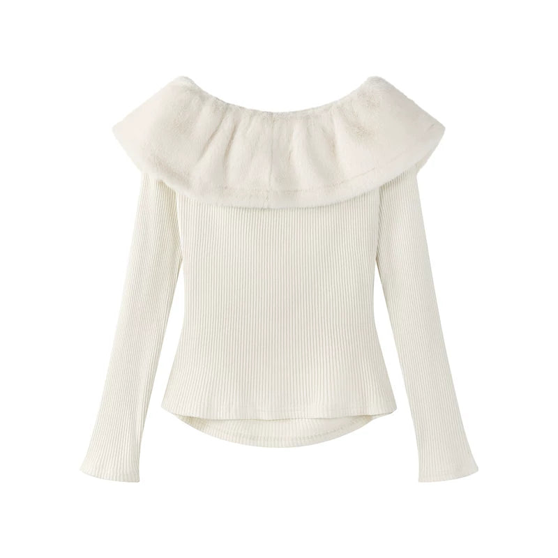 Top a coste senza spalle con rifinitura in pelliccia 