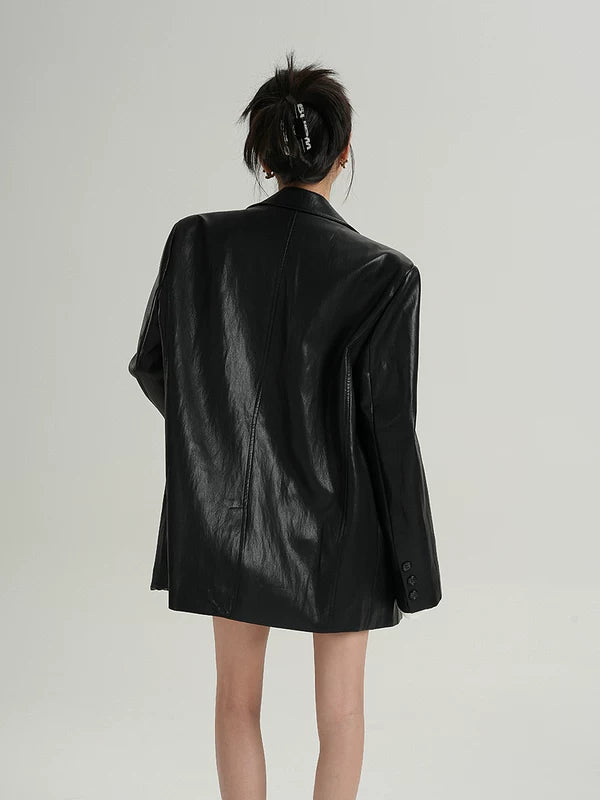 Orta Boy Sahte Deri Blazer Ceket 