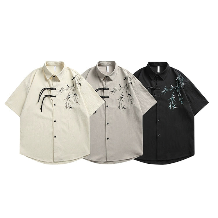 Camicia a maniche corte con bottone in ricamo di bambù 