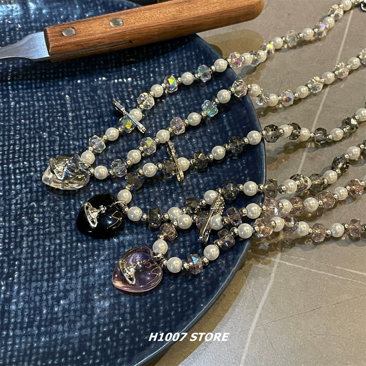 Saturn Pearl Heart Pendant Necklace