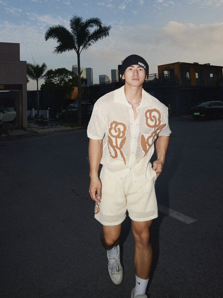 Provence Stil Hohles Strickshirt Shorts Set 