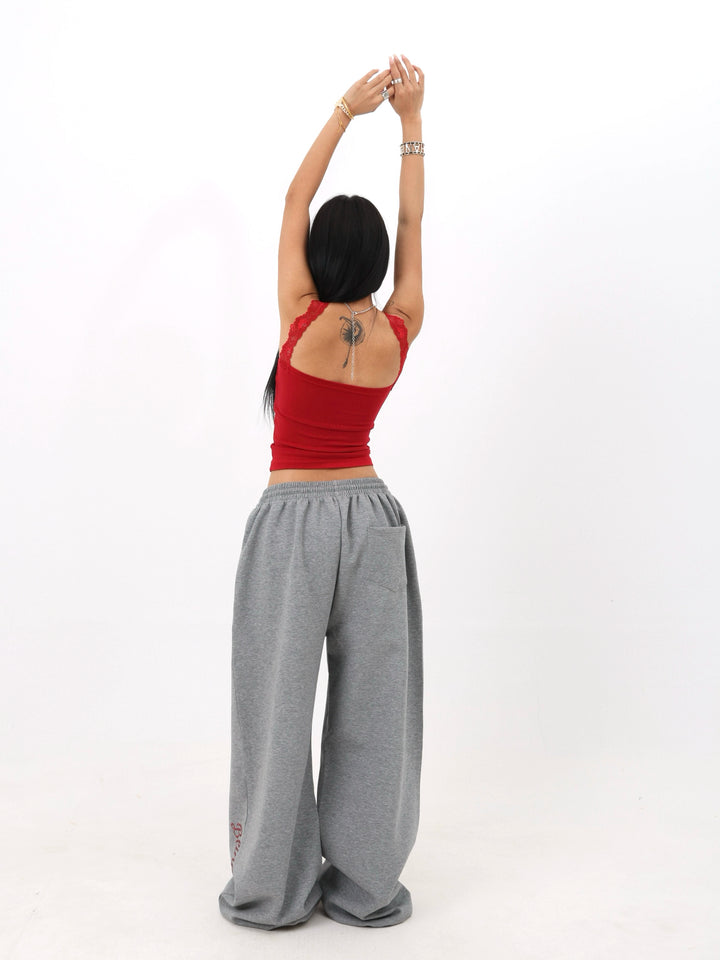 Loose Jazz Straight Pants with Rhinestone Lettering