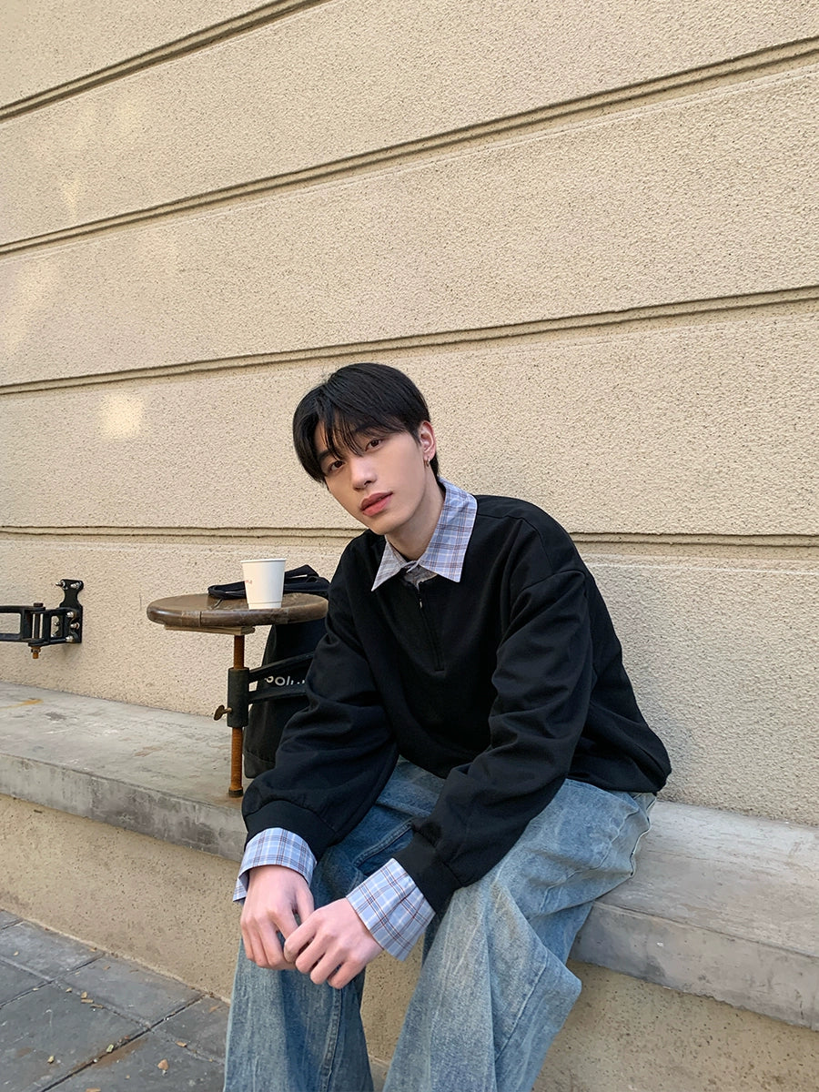 Check Patchwork Lapel Sweatshirt