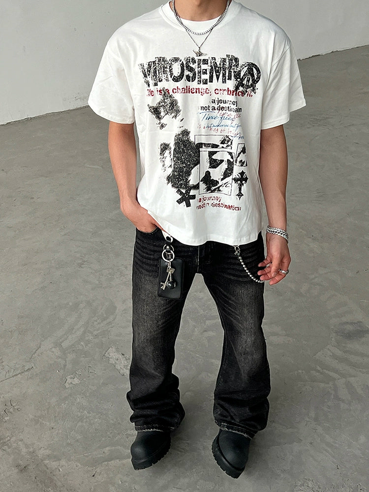 Distressed Grafikdruck Kurzarm-Pullover 