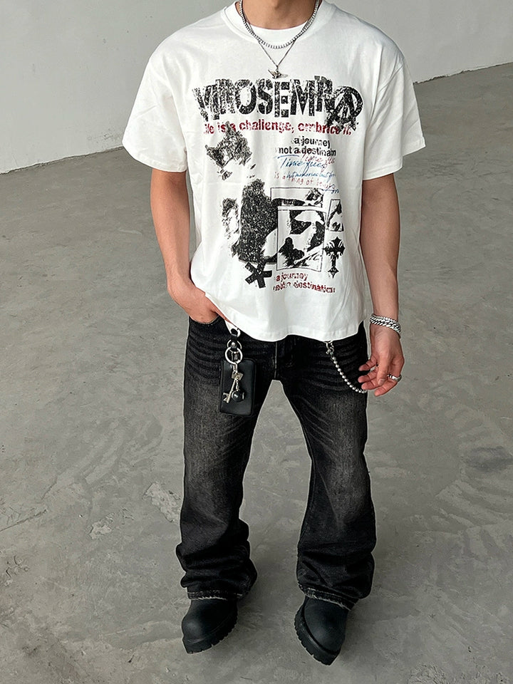 Distressed Grafikdruck Kurzarm-Pullover 