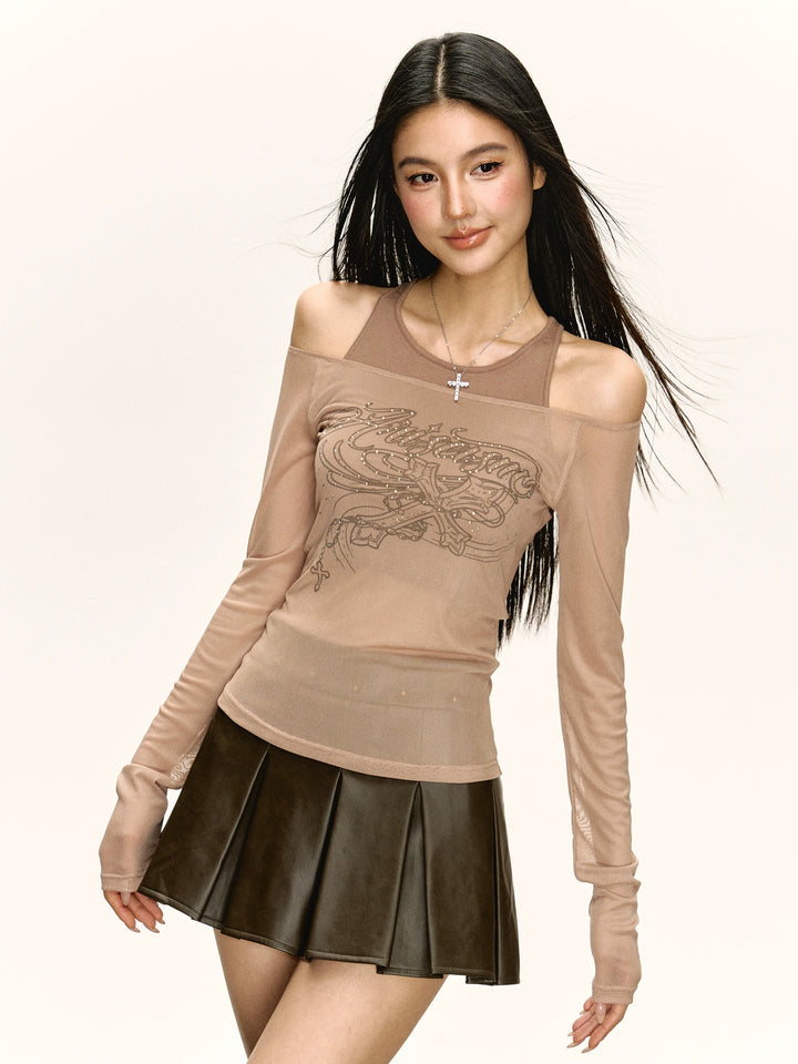 Mesh Cold Shoulder Slim Long-Sleeve Top