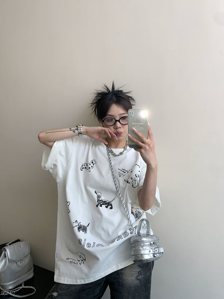 Cartoon Dog Print Loose Fit T-shirt