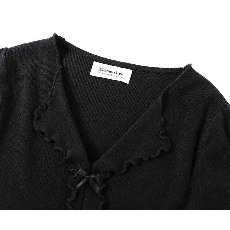 Suéter de punto con lazo y escote en V arrugado 