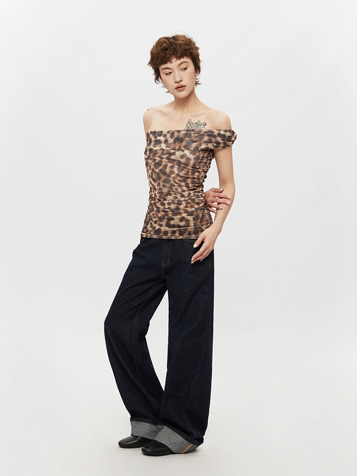 Leopard Print Off-Shoulder Ruched Tank Top