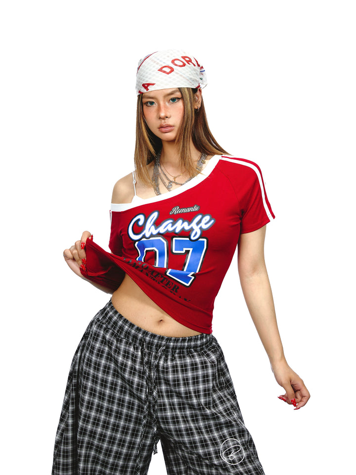 Oblique Shoulder Letter Print Slim Top