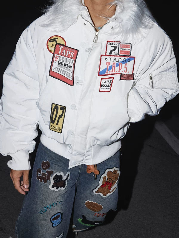 Embroidered Patch Fur Collar Hooded Jacket