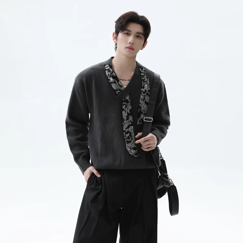 Silk Scarf V-Neck Knit Sweater