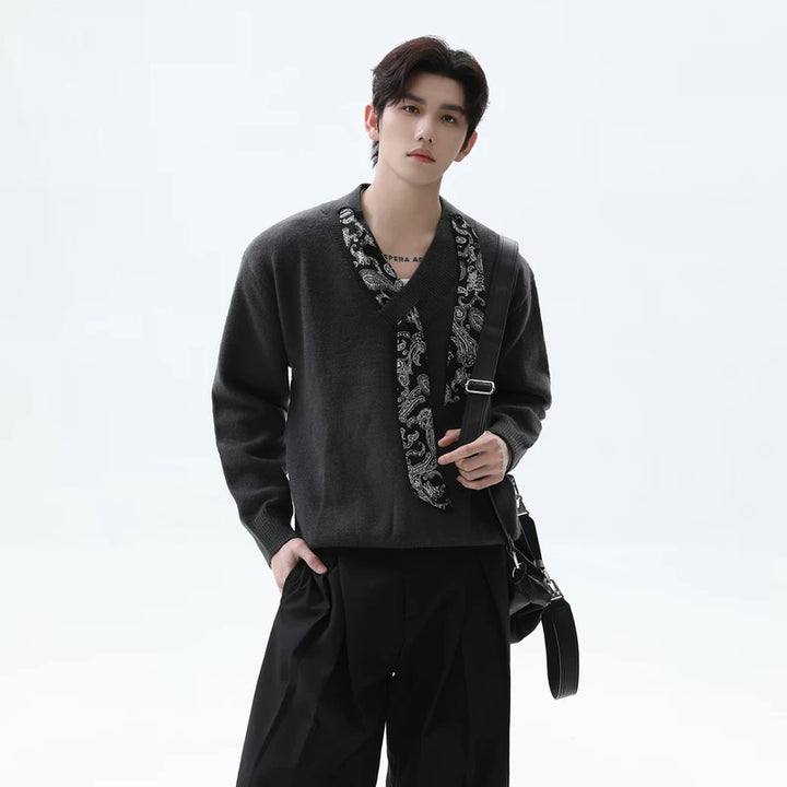 Silk Scarf V-Neck Knit Sweater