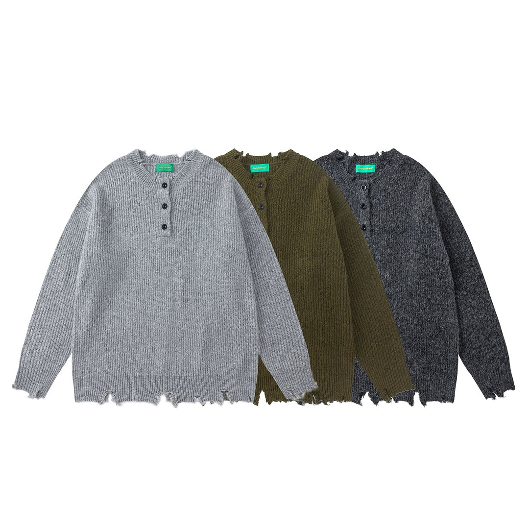 Distressed Knit Henley Loose Sweater