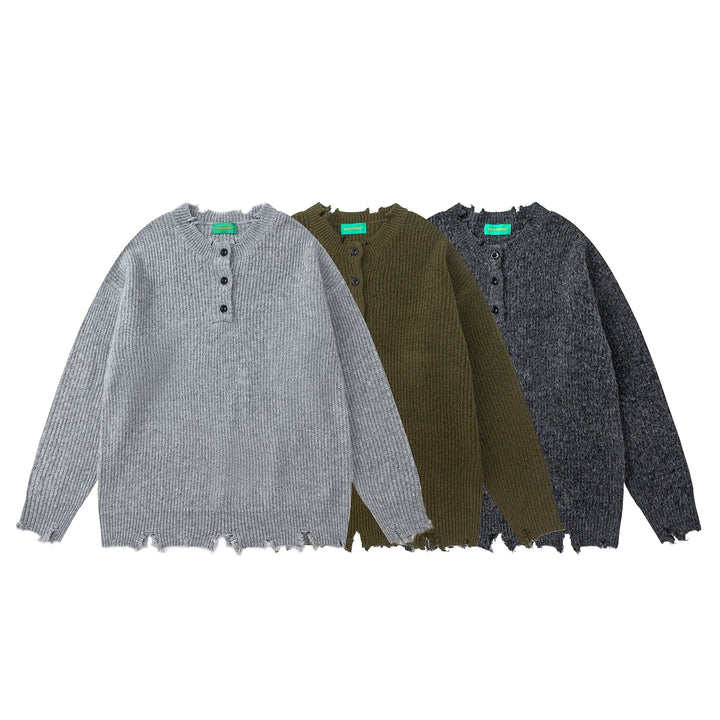Distressed Knit Henley Loose Sweater