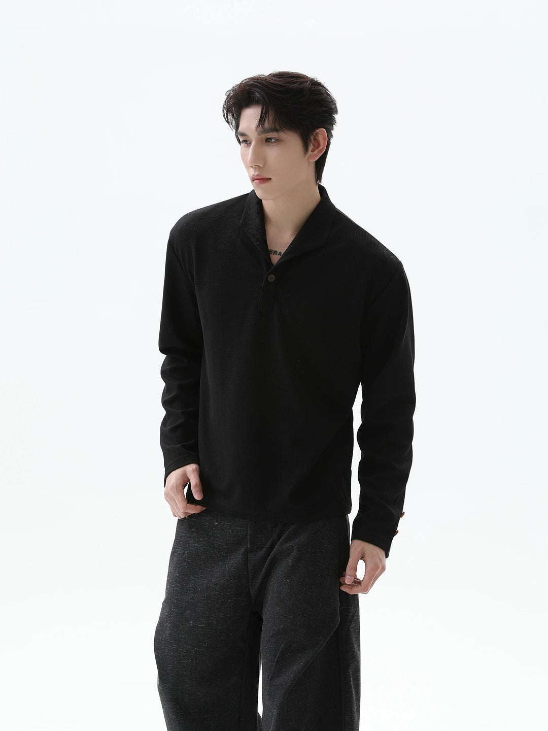 Waffle Texture Long Sleeve Polo Shirt