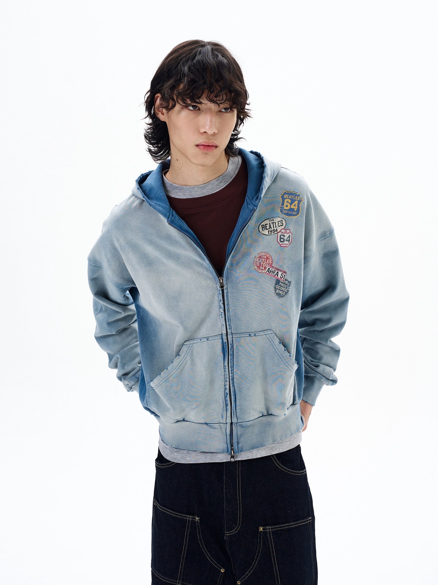 Yıpranmış Baskı Fermuarlı Kapüşonlu Ceket 