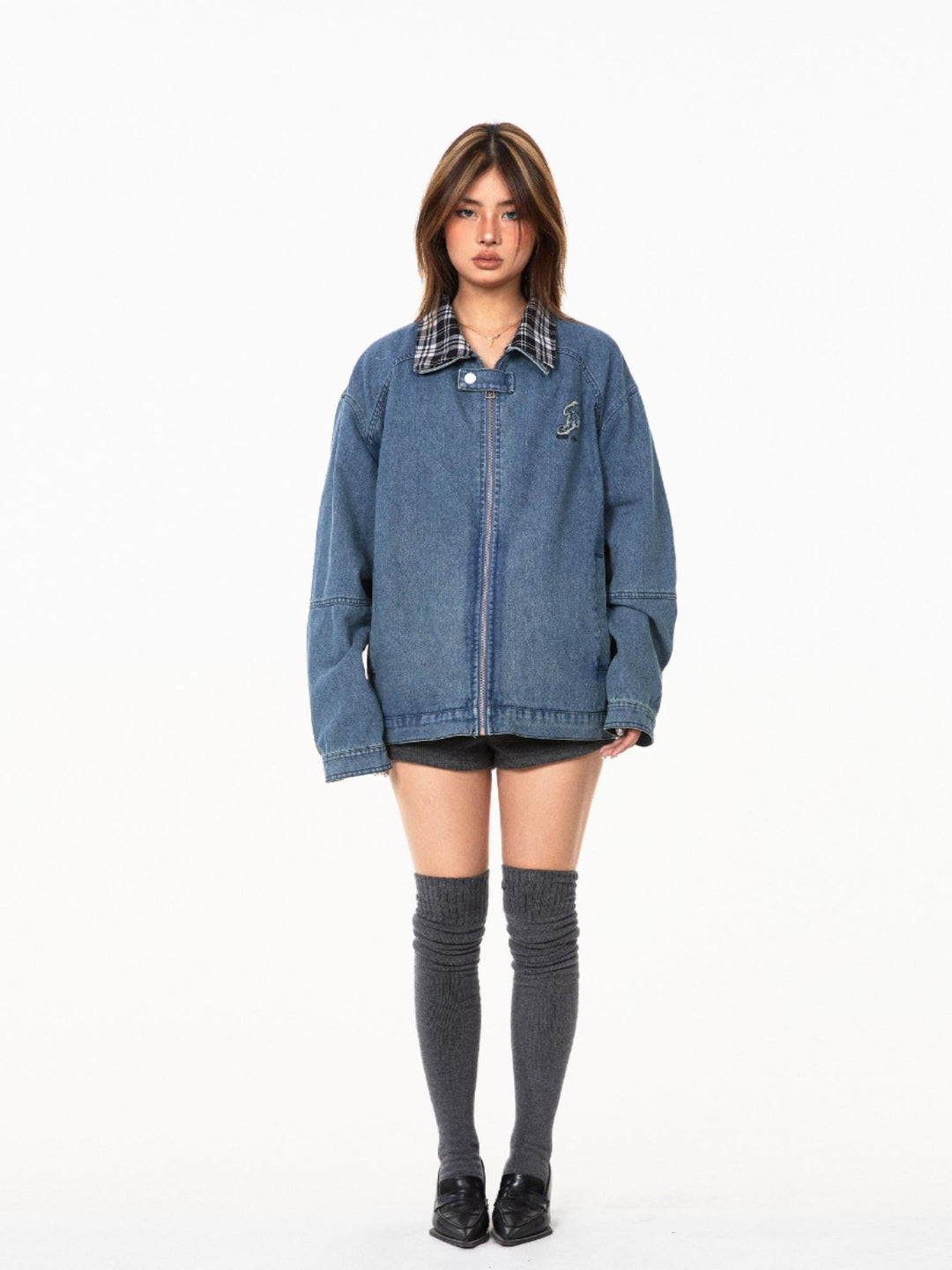 Plaid Lapel Denim Jacket