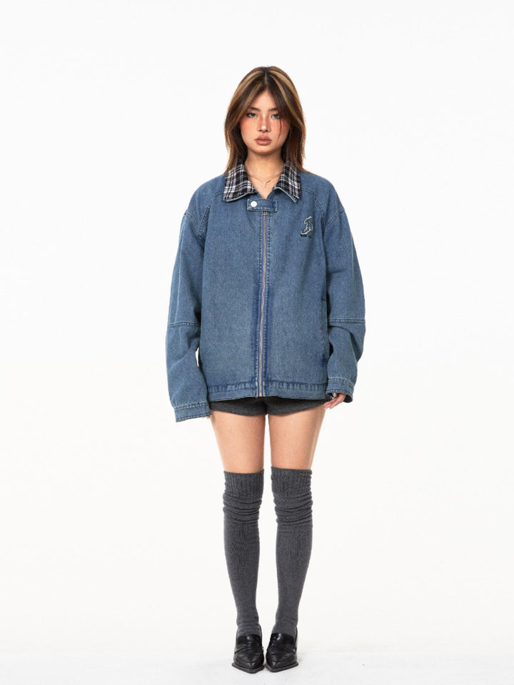 Plaid Lapel Denim Jacket